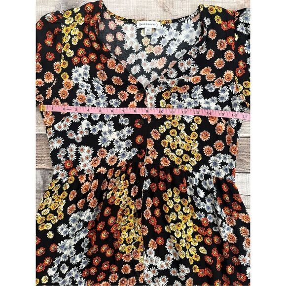 Warehouse Black Floral Cottage Button Up Mini Dress | Size 10 - Picture 4 of 7
